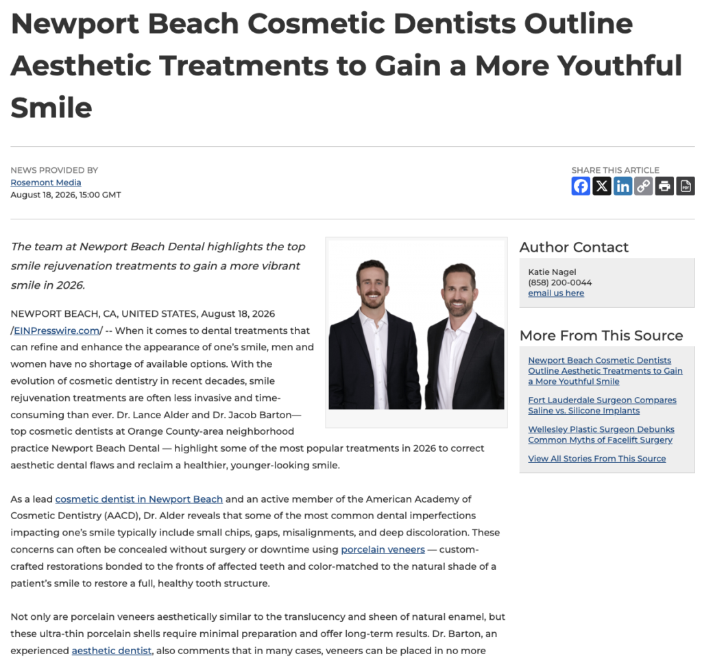 Newport Beach Cosmetic Dentists Outline Aesthetic Treatments to Gain a More Youthful Smile